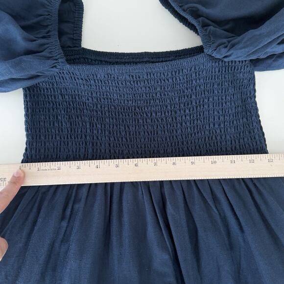 O.P.T. Dress Medium Navy Midi Smocked Puff Balloon Sleeve Cottage Prairie Linen - Picture 7 of 8
